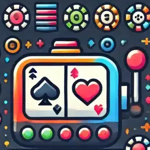 Colorful cartoon slot machine with spade and heart symbols, surrounded by casino chips and game icons