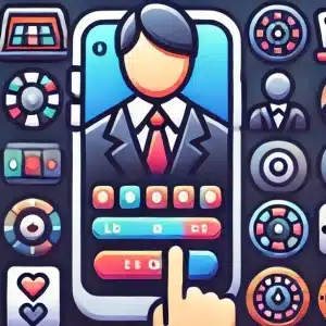 Illustration of a business avatar on a smartphone screen, surrounded by roulette wheels and casino-themed icons, with a finger tapping buttons