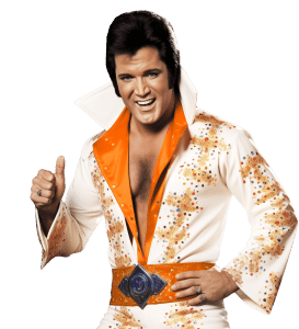 Smiling man in a white and orange sequin-studded Elvis-style jumpsuit giving a thumbs up