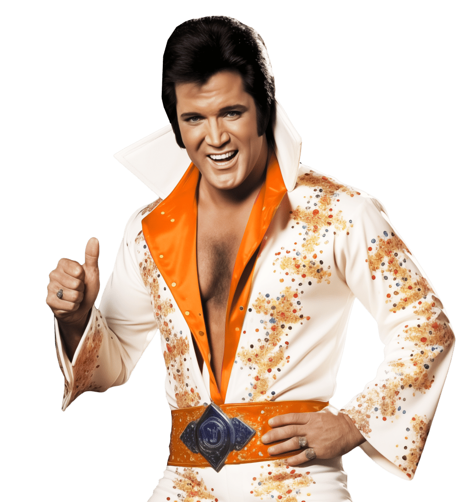 Smiling man in a white and orange sequin-studded Elvis-style jumpsuit giving a thumbs up