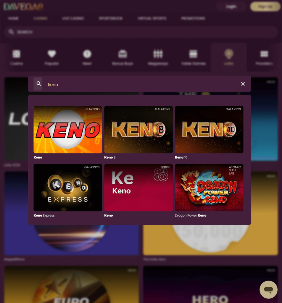DaVegas online casino interface showing a search for Keno games, including titles like Play’n GO Keno, Keno 8, Keno 10, Keno Express, Spribe Keno, and Dragon Power Keno.