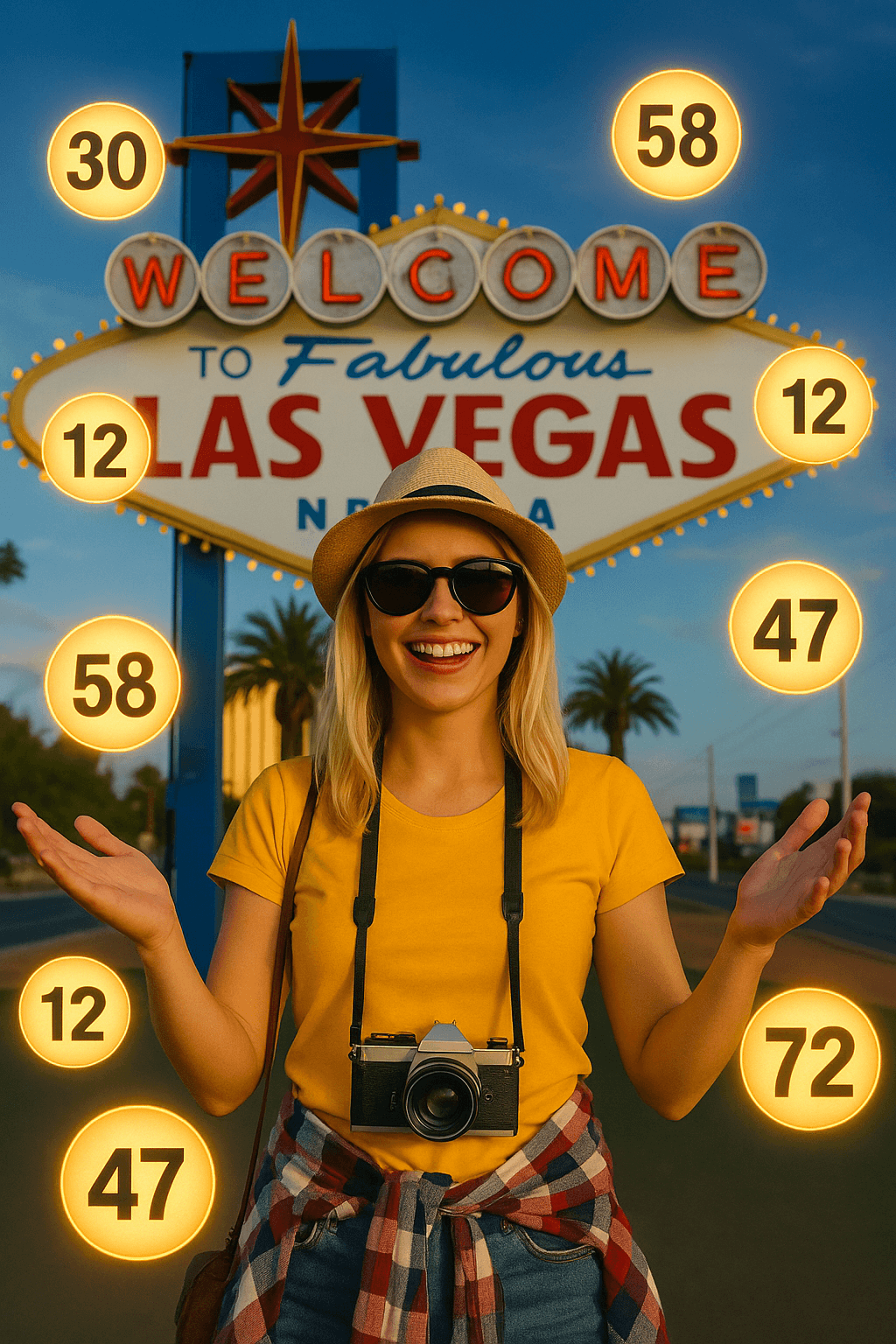 A smiling young blonde woman wearing a straw fedora, oversized sunglasses, and a yellow T-shirt with a vintage camera around her neck stands in front of the “Welcome to Fabulous Las Vegas” sign at sunset. Golden glowing orbs bearing the numbers 12, 30, 47, 58, and 72 hover around her, echoing the neon energy of the Strip.